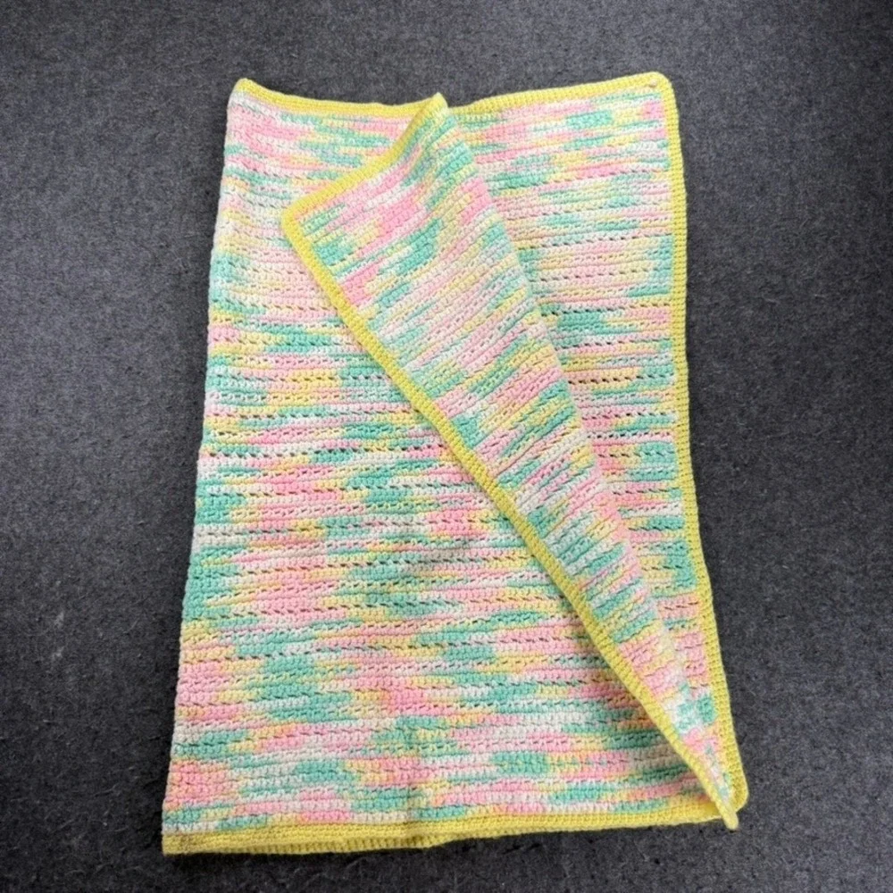 Crochet Baby Blanket Pastel Yellow Pink Green Handmade Knit‎ Afghan